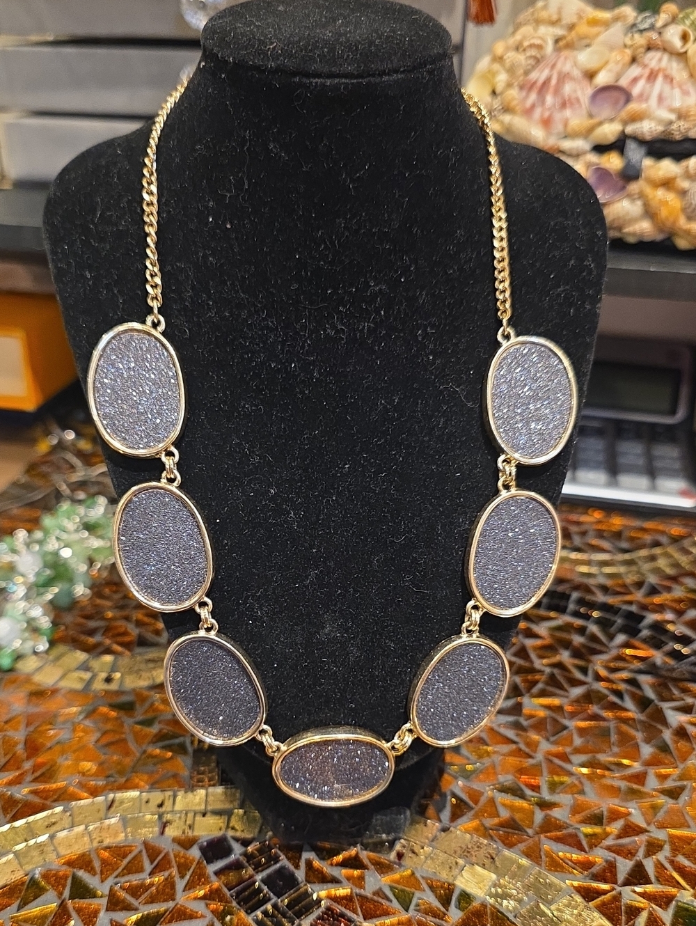 New York & Company Gold-Tone Necklace with Sparkling Dark Gray Ovals